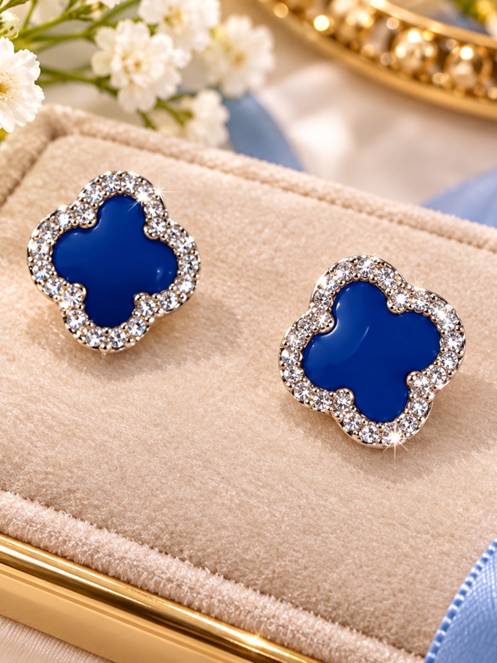 Blue Crystal-Trim Clover Stud Earrings